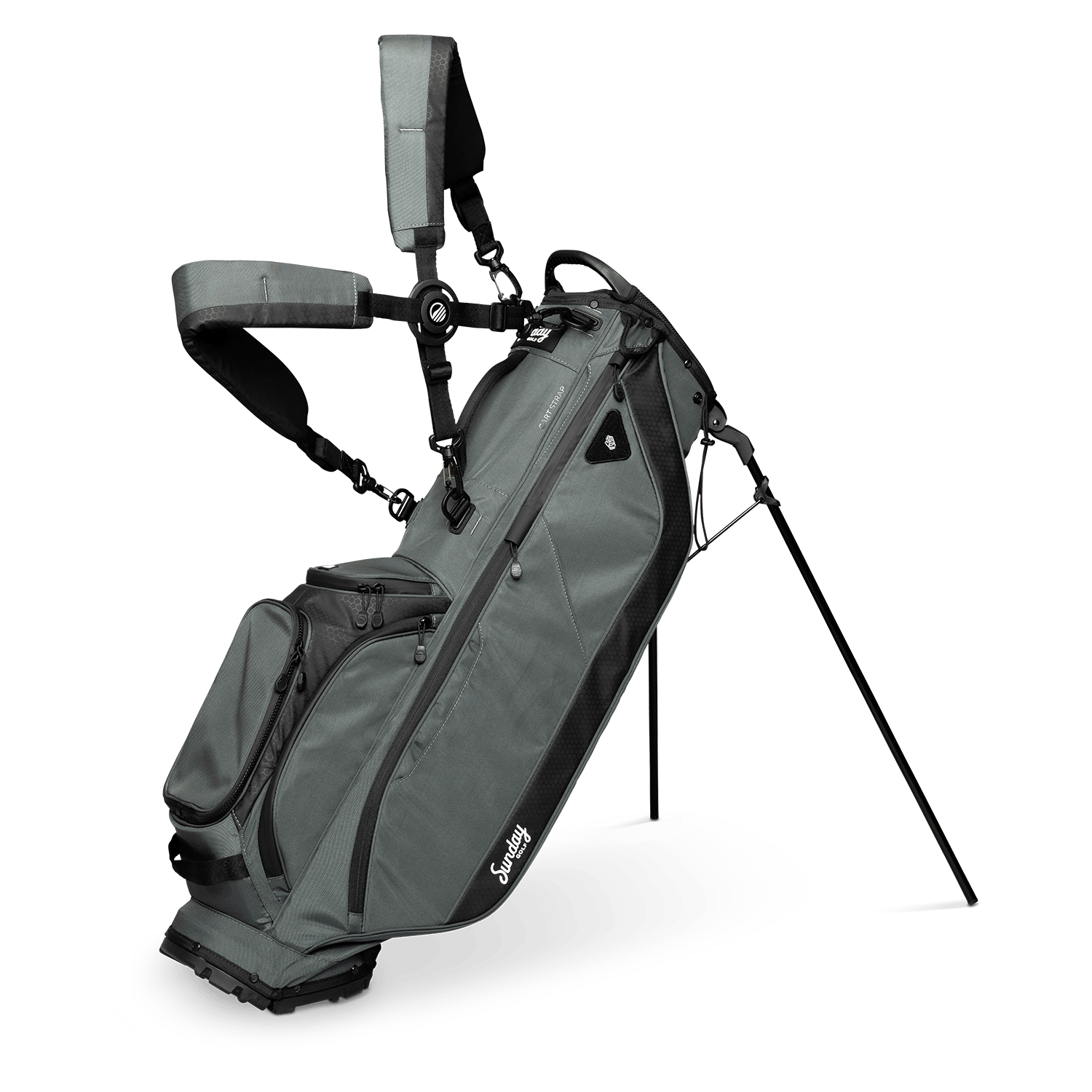A full front shot of standing Ryder golf bag in midnight green with double strap