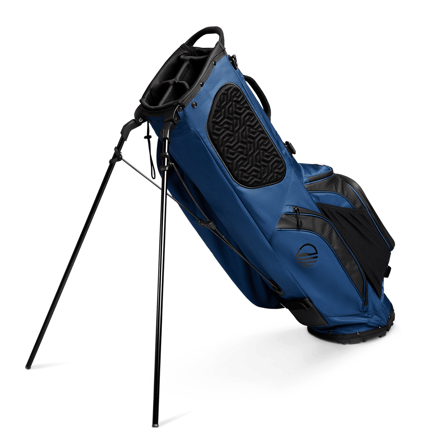 A full shot of standing Ryder golf bag in navy blue facing backward