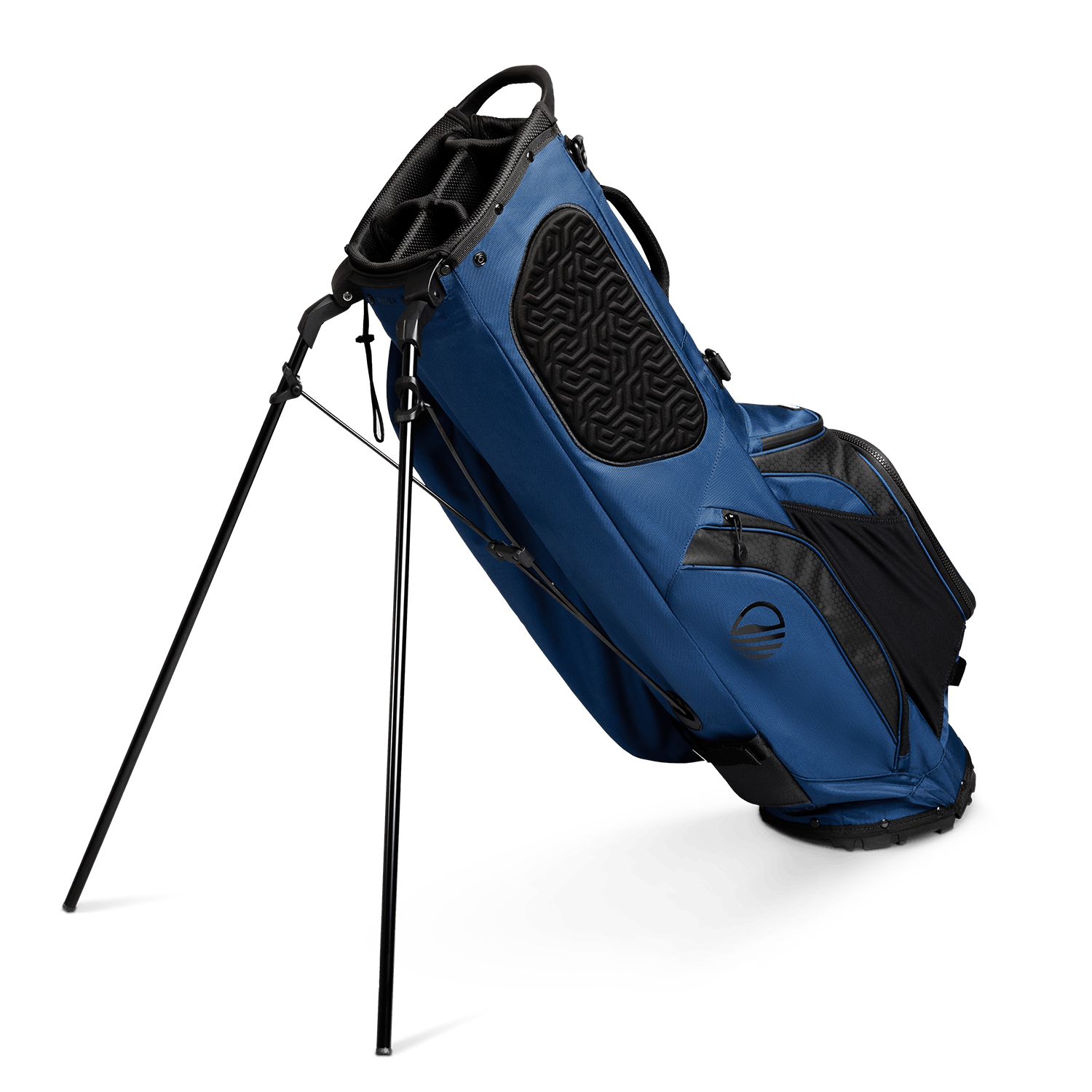A full shot of standing Ryder golf bag in navy blue facing backward