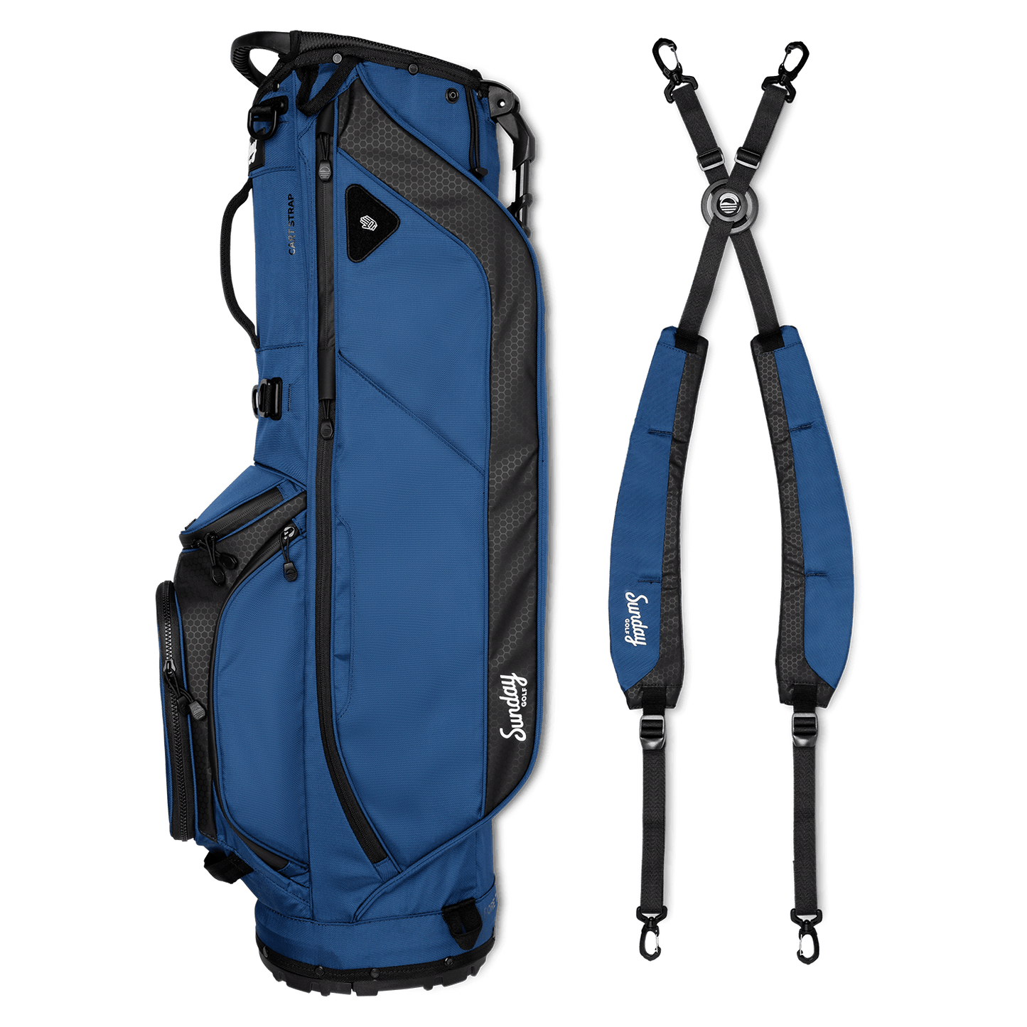 A full shot of Ryder golf bag in navy blue laying flat sideways beside its double strap