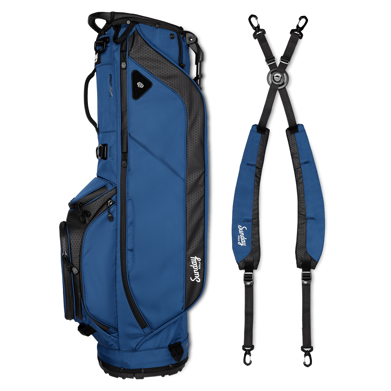 A full shot of Ryder golf bag in navy blue laying flat sideways beside its double strap