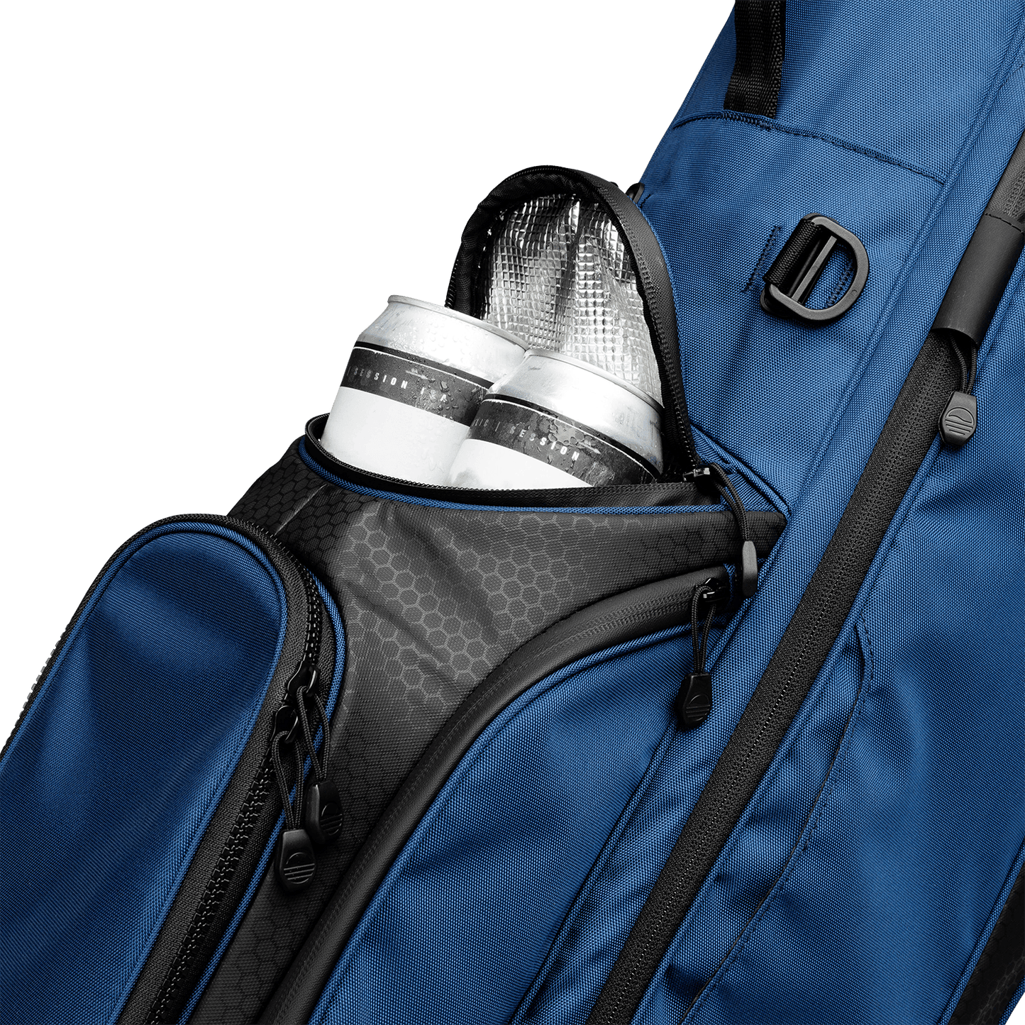 A close up shot of navy blue Ryder golf bag's frosty pocket with canned drinks inside