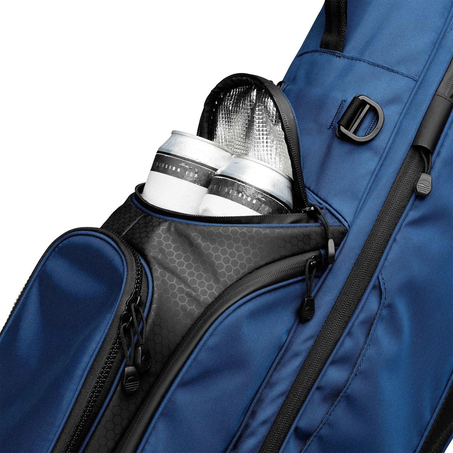 A close up shot of navy blue Ryder golf bag's frosty pocket with canned drinks inside