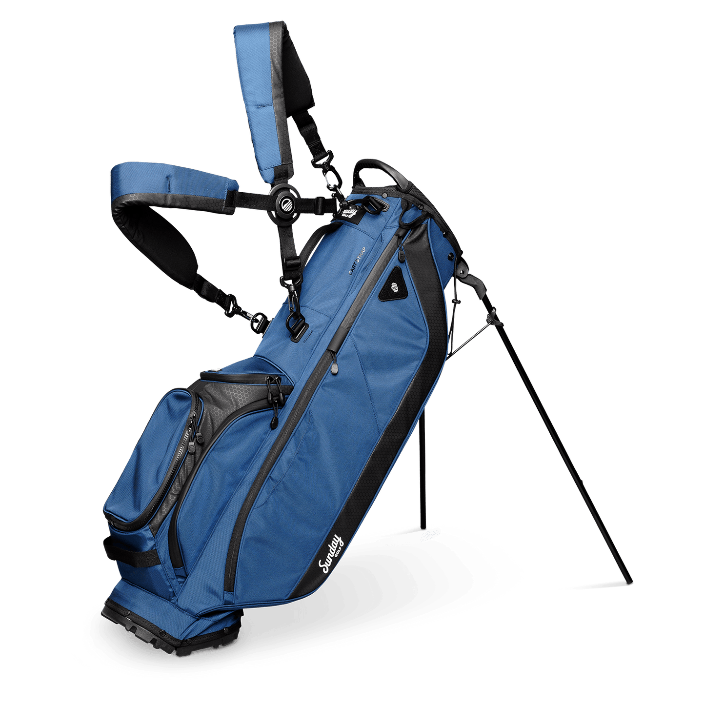 A full front shot of standing Ryder golf bag in navy blue with double strap