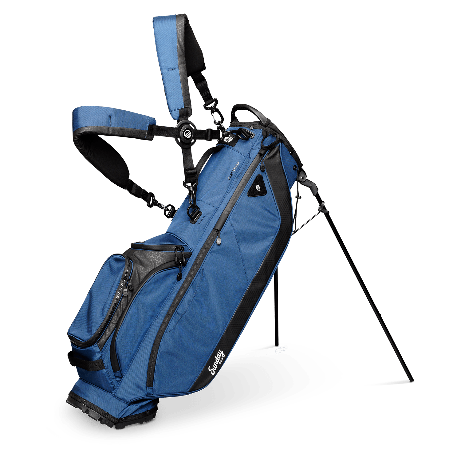 A full front shot of standing Ryder golf bag in navy blue with double strap