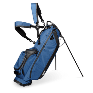 A full front shot of standing Ryder golf bag in navy blue with double strap