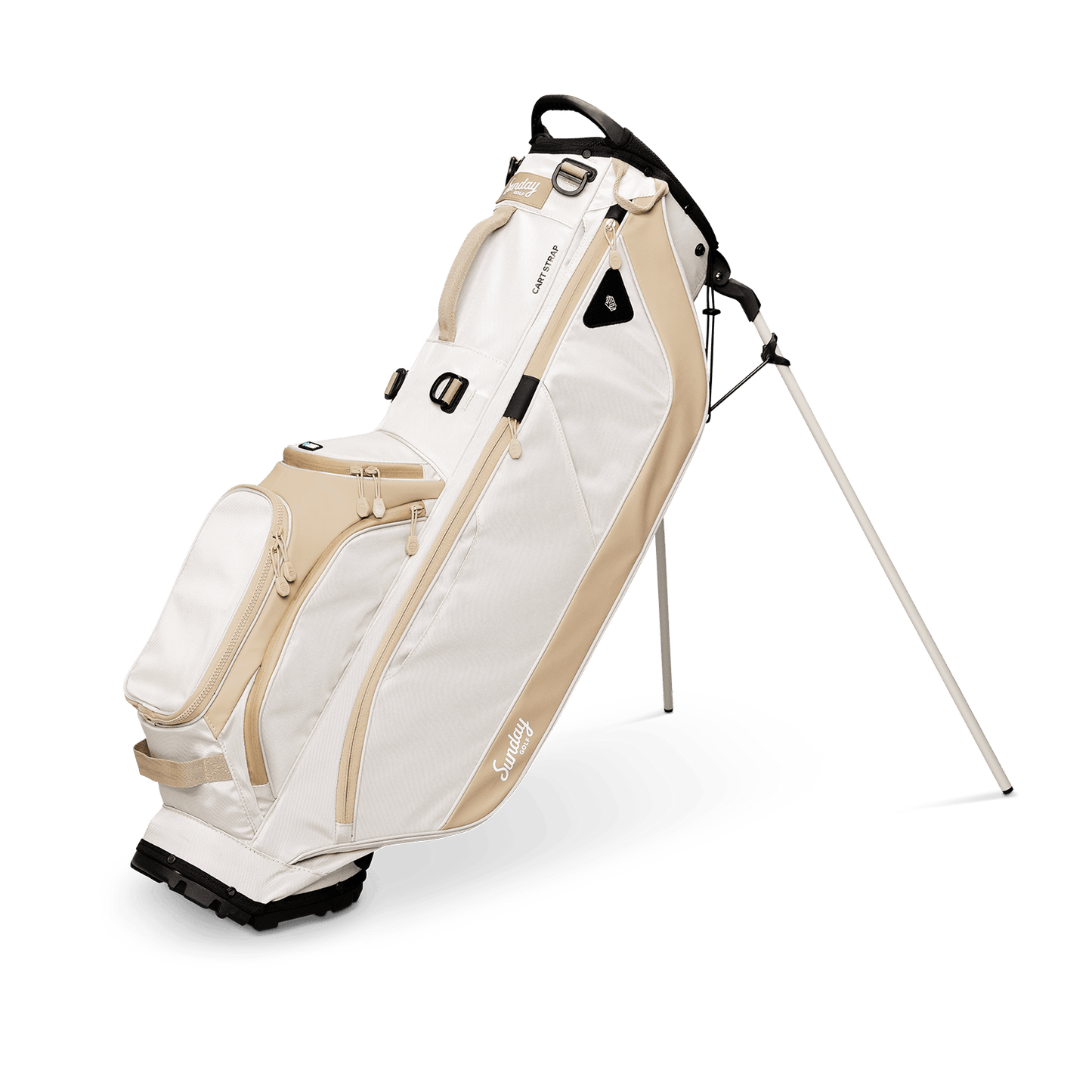 A full shot of standing Ryder golf bag in toasted almond facing forward