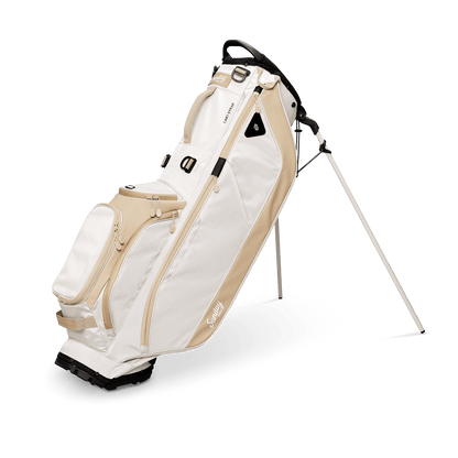 A full shot of standing Ryder golf bag in toasted almond facing forward