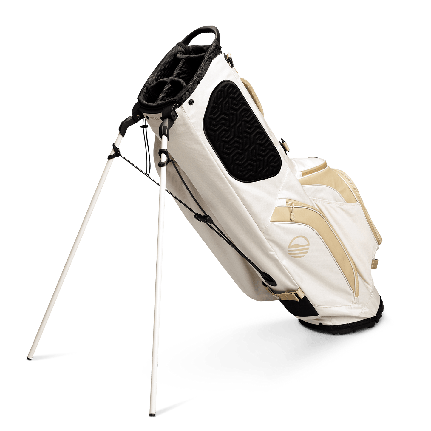 A full shot of standing Ryder golf bag in toasted almond facing backward