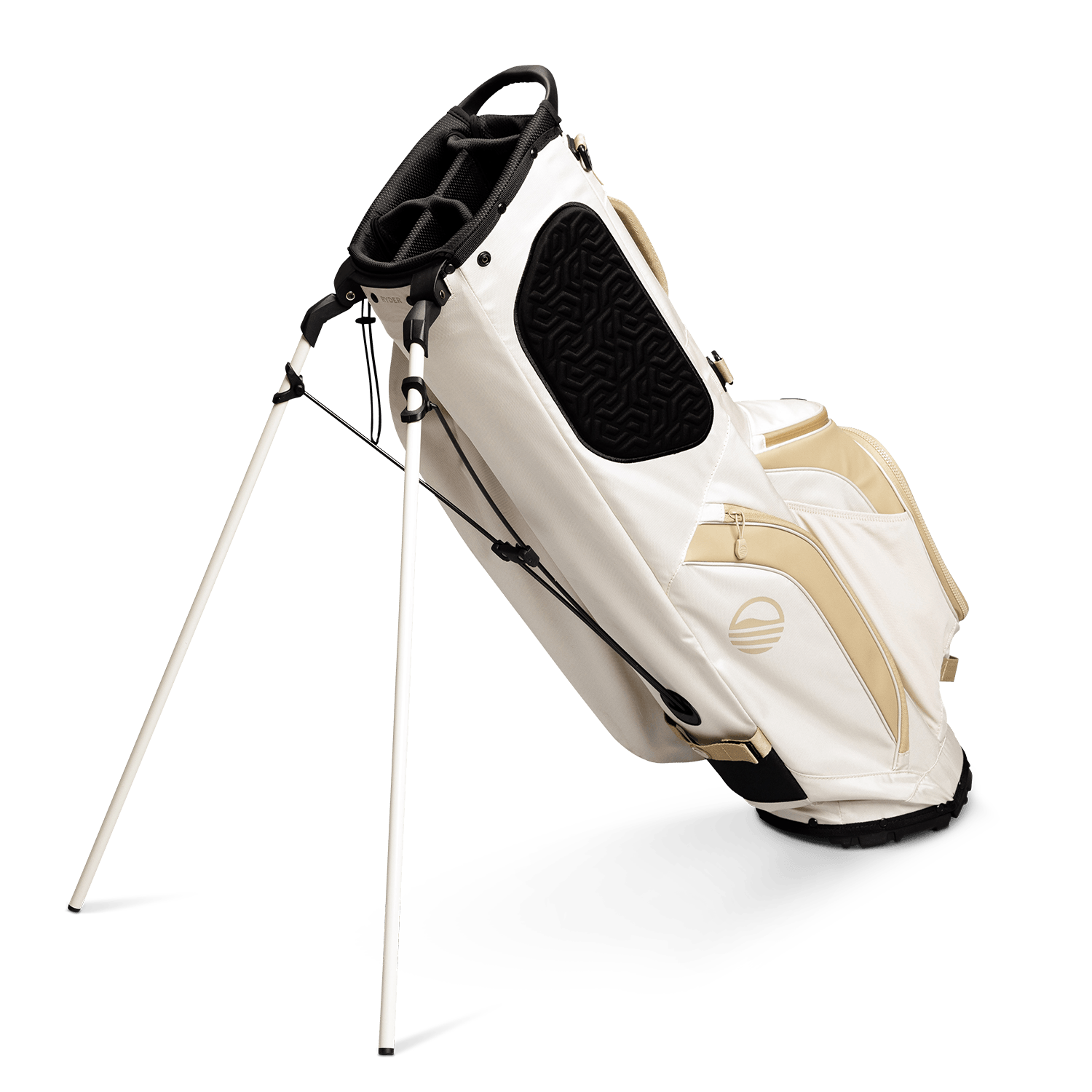 A full shot of standing Ryder golf bag in toasted almond facing backward