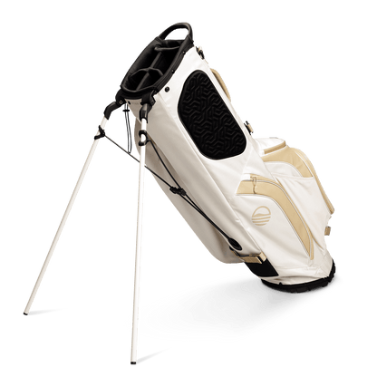 A full shot of standing Ryder golf bag in toasted almond facing backward