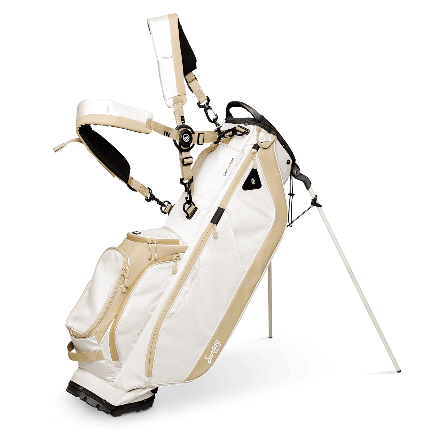 A full front shot of standing Ryder golf bag in toasted almond with double strap