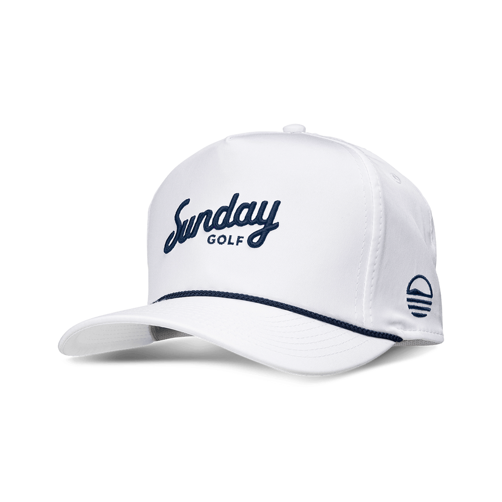 Front shot of white and navy rope golf hat