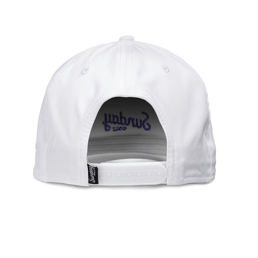 Back shot of white and navy rope golf hat