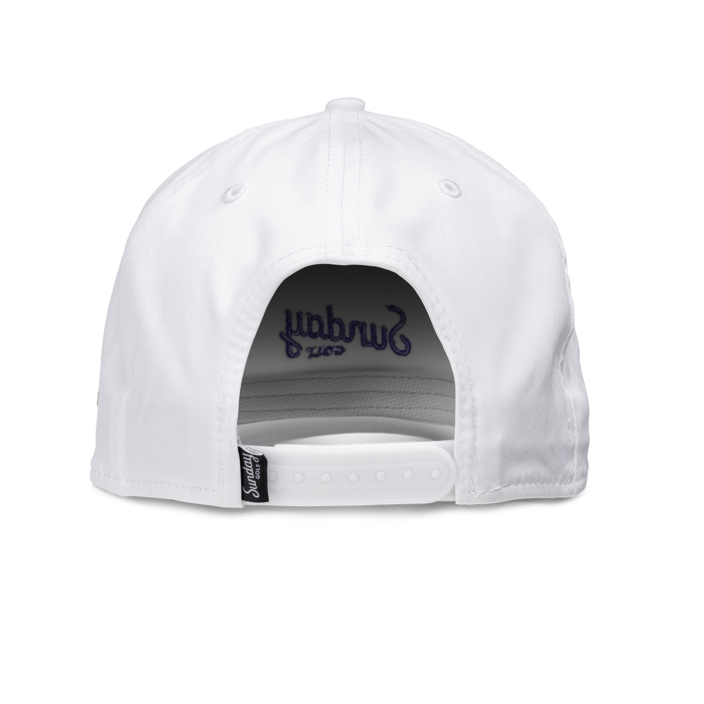 Back shot of white and navy rope golf hat