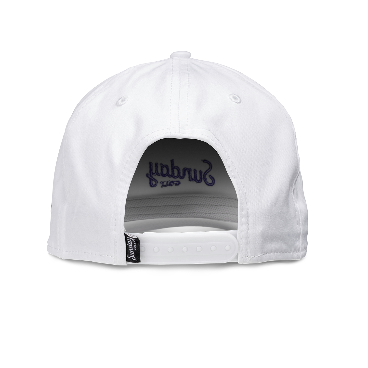 Back shot of white and navy rope golf hat