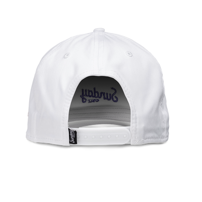 Back shot of white and navy rope golf hat