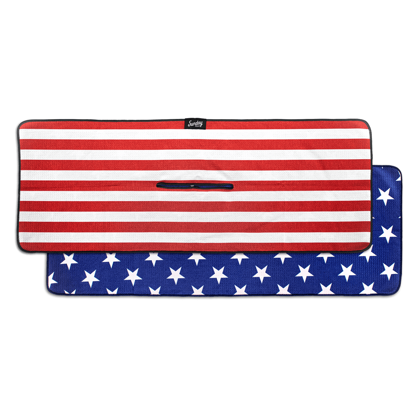 red and white stripe front panel, blue with white star back panel golf towel by Sunday Golf