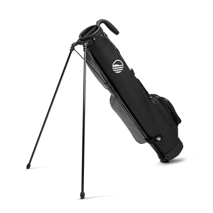 A full shot of standing Loma golf bag in matte black facing backward
