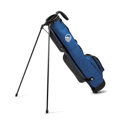 A full shot of standing The Loma golf bag in cobalt blue facing backward