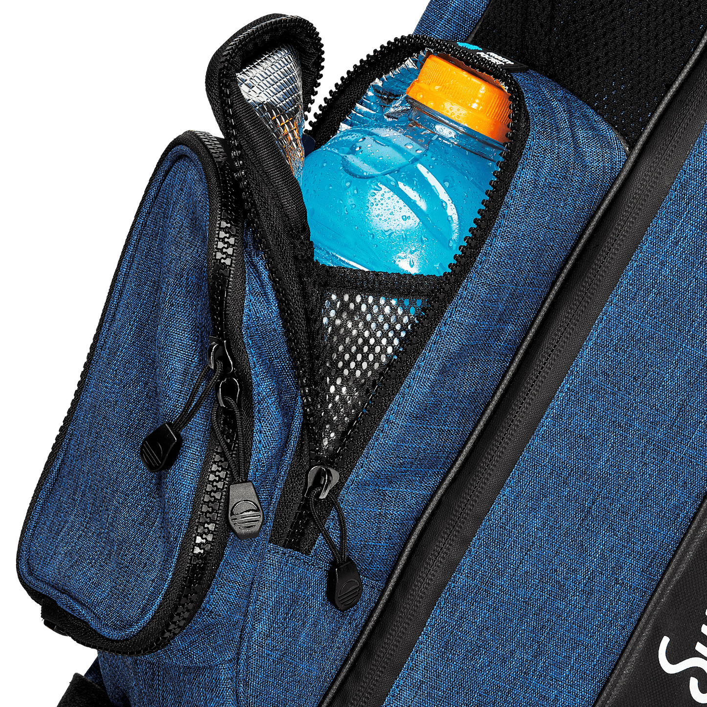A close up shot of cobalt blue The Loma golf bag's frosty pocket with a cold drink inside