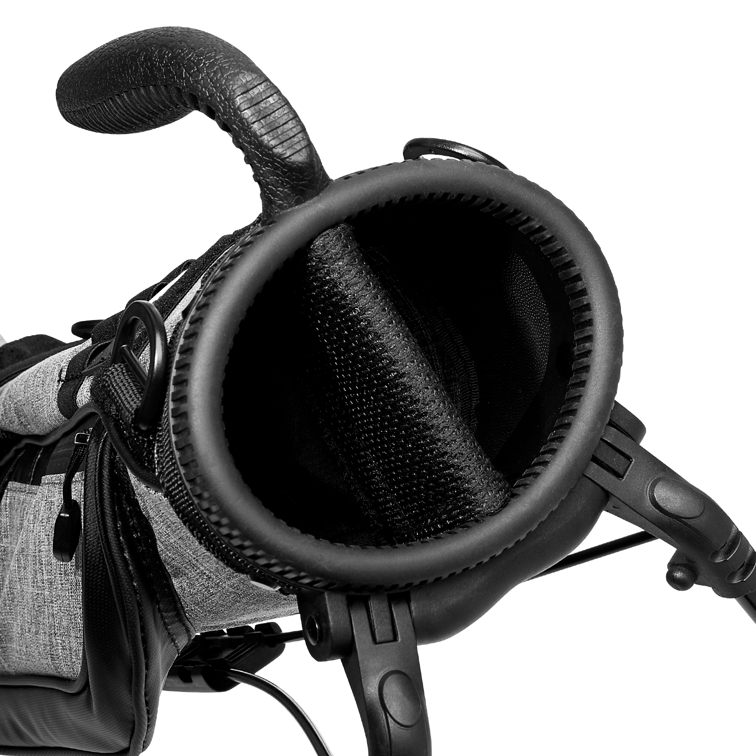 A close up top view of a heather gray Loma golf bag’s 2-way divider