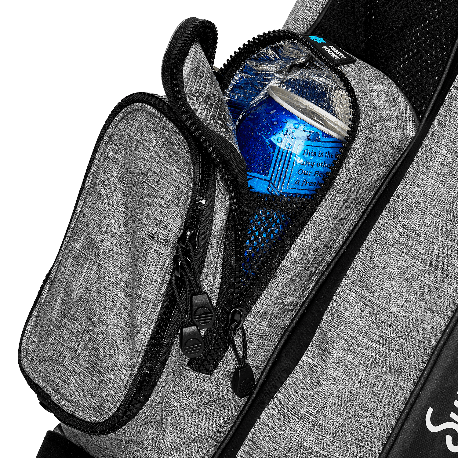 A close up shot of heather gray Loma golf bag's insulated pocket with a canned drink inside