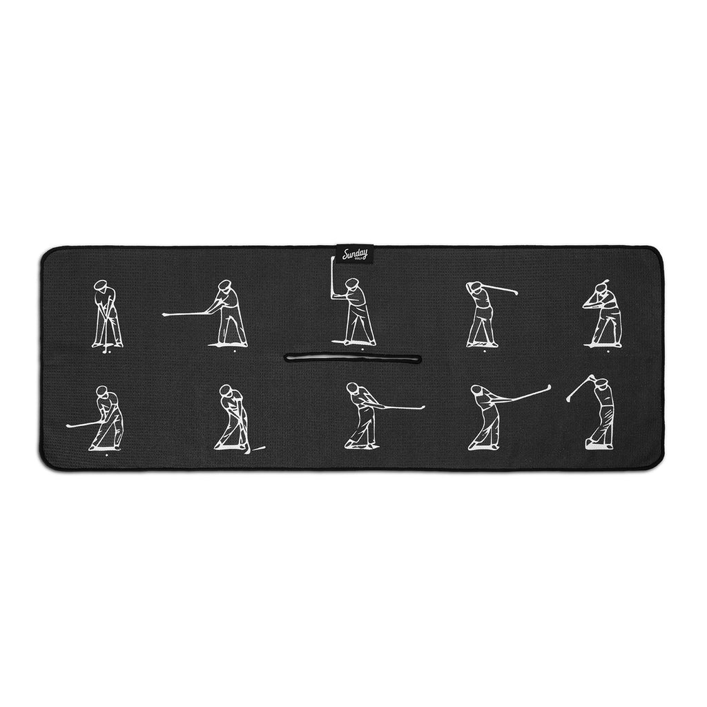front of Greatest Swing golf towel showing swing progression golfer in white