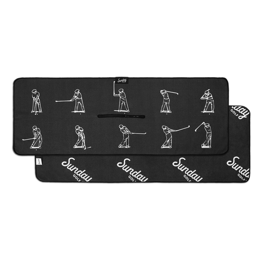 black and white golf towel showing swinging golfer