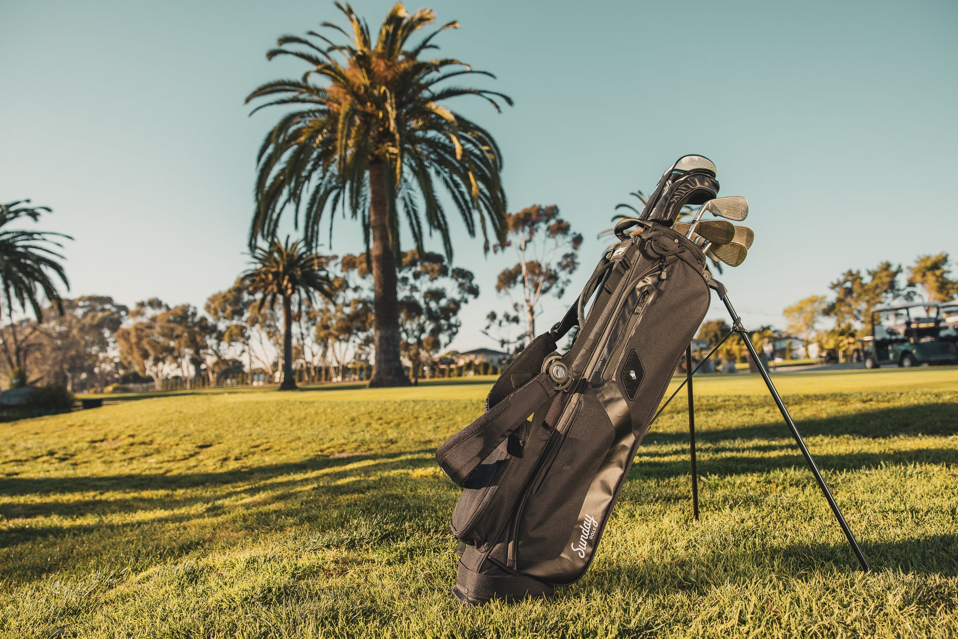 A standing matte black El Camino golf bag on a golf course with palm trees in the background 